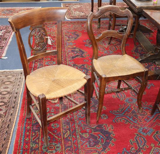 A set of five French beech rush seat dining chairs, with carved figural splats together with two other French rush seat dining chairs